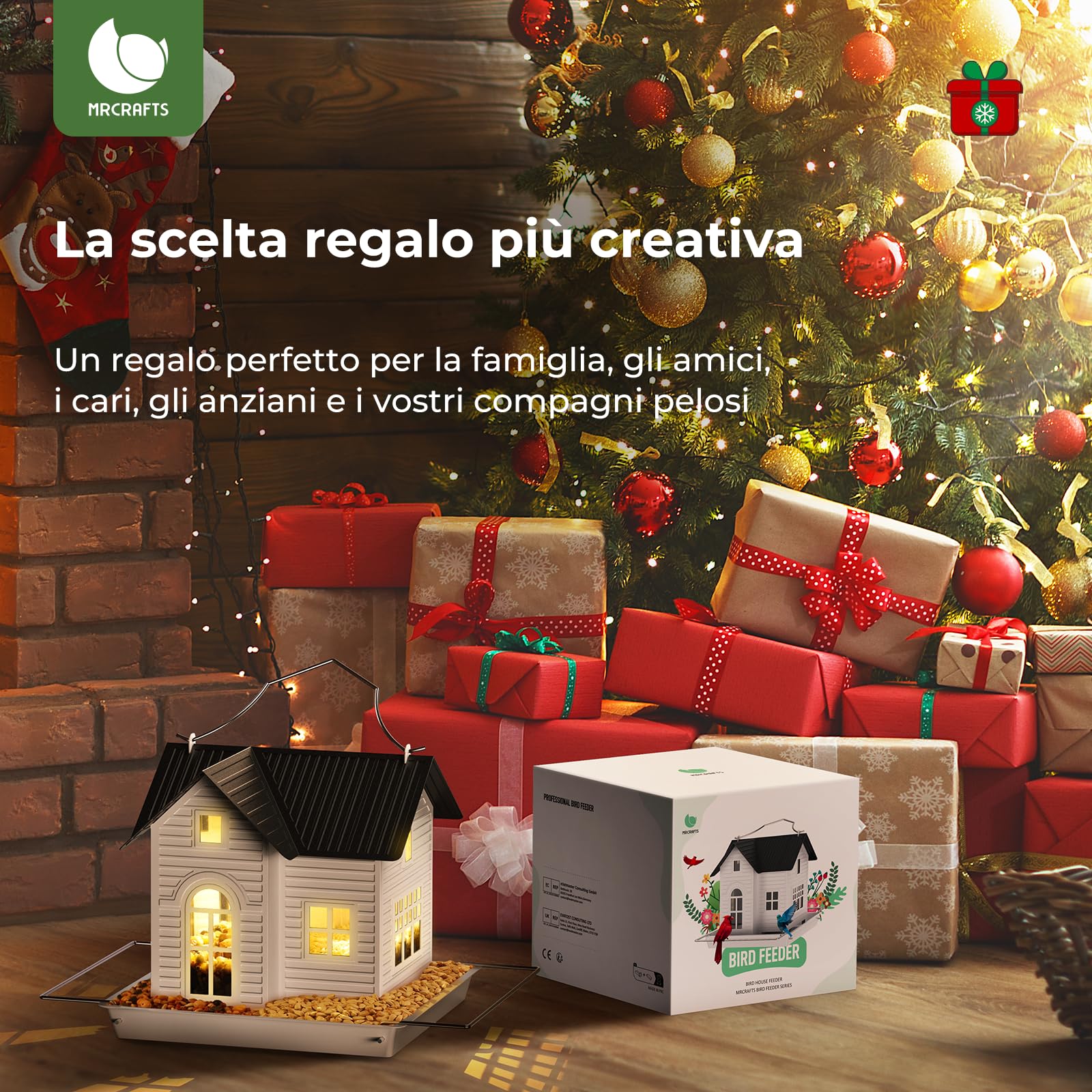 MRCRAFTS Mangiatoia per Uccelli da Esterno, Mangiatoia Appesa in Metallo con Luce Solare per Uccelli Selvatici, Regali Originali, Decorazione da Giardino, Bird Feeder