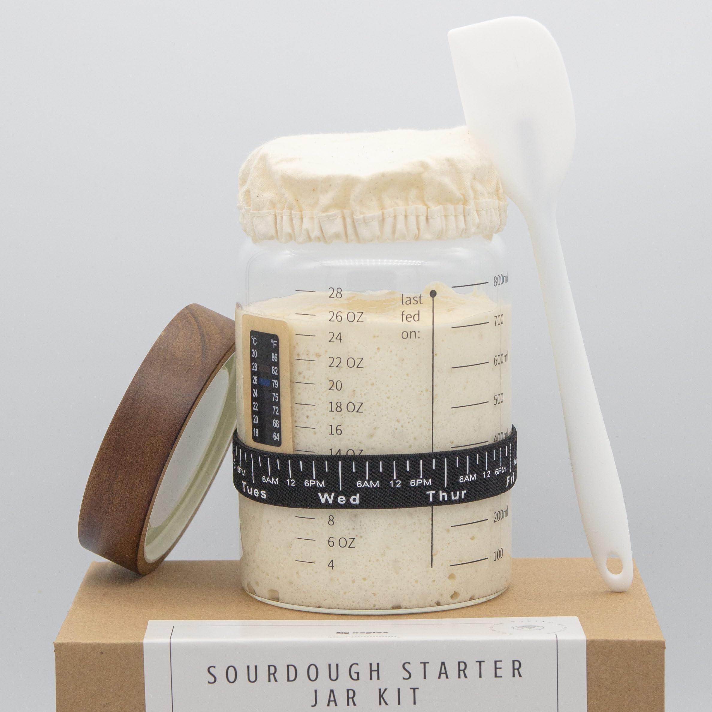 neglex 34oz Sourdough Starter Jar Kit, Glass Container for Sourdough Starter Made Of Borosilicate Glass With Data Marked Feeding Band, Lid, Cloth Cover, Thermometer, Spatula