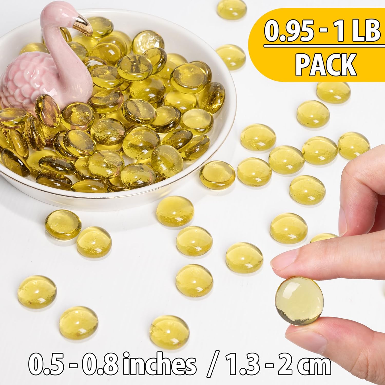 Glass Marbles, 0.97 LB Transparent and Smooth Flat Glass Beads for Vases, Mosaic Gem Pebbles for Aquarium Decor, Floral Arrangements, Mancala Stones, Vase Filler and Crafts, Yellow