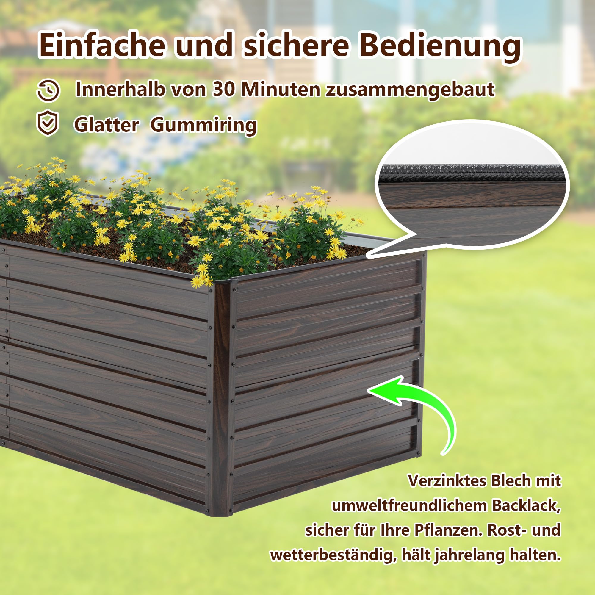 Thanaddo Hochbeet Metall Pflanzbeet, 190x90x64cm rechteckig Gemüsebeet aus verzinktem Stahl in Holzoptik, Gartenbeet Pflanzkasten Pflanzkasten Blumenkasten für Garten & Terrasse