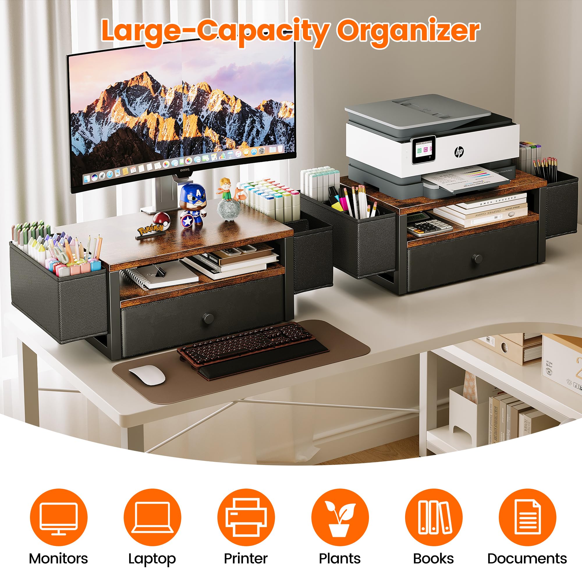 Organizzatori e accessori da scrivania, supporto per monitor del computer a 3 livelli con cassetto in tessuto e 6 portapenne, accessori da scrivania per ufficio, organizer da scrivania per ufficio