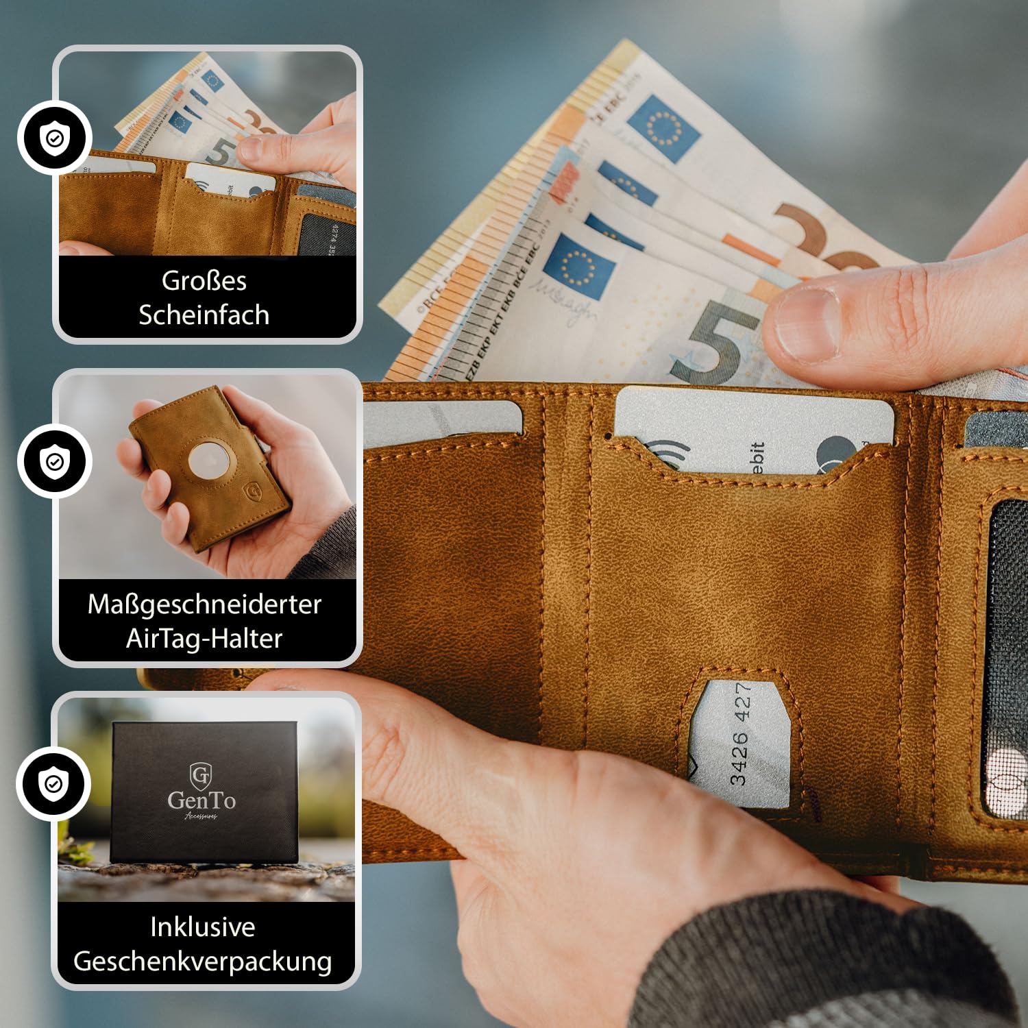 GenTo Smartlet Air - Slim Wallet - Cartera con y sin monedero - Protección RFID NFC certificada TÜV - Mini monedero - Funda delgada para tarjetas de crédito para hombre y mujer - Incluye, marrón,