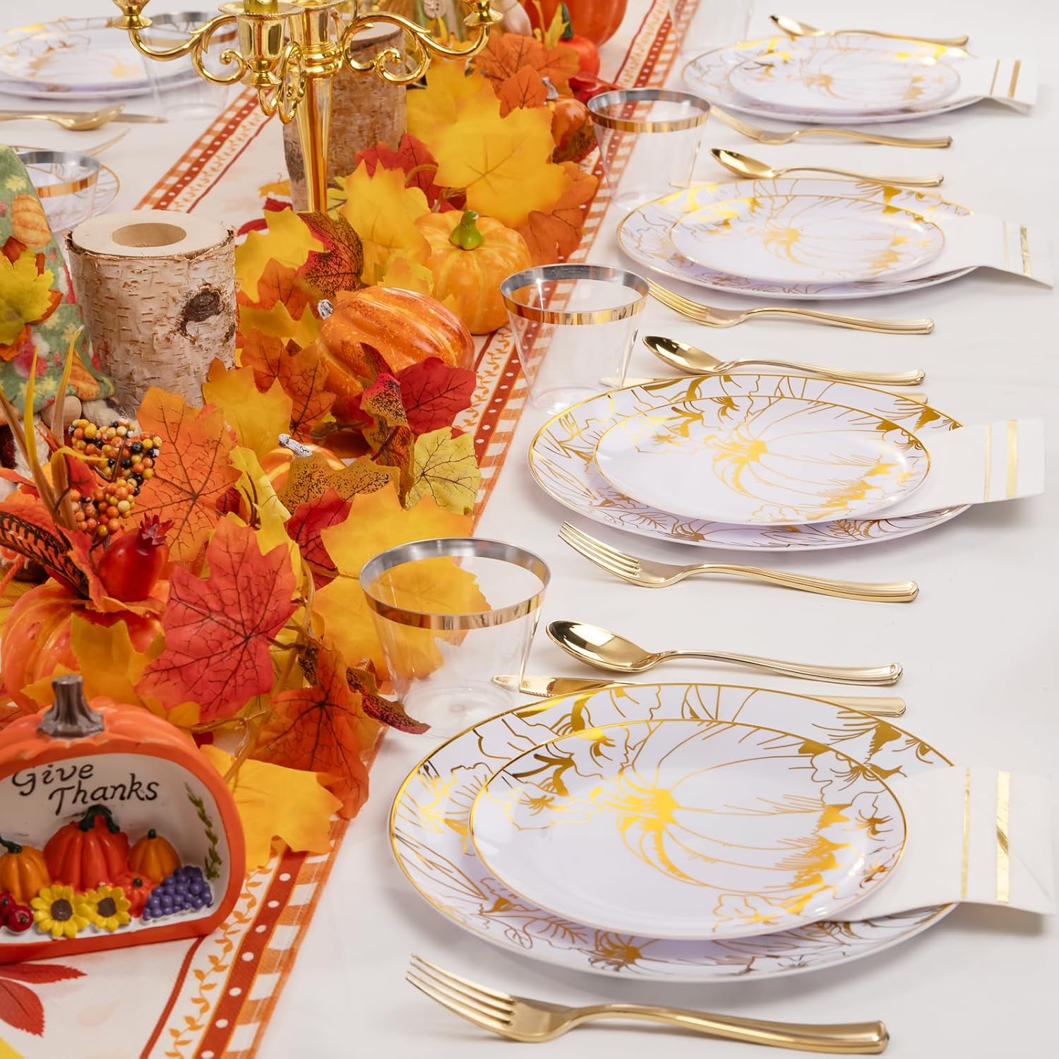 Liacere 175PCS Thanksgiving Plates- Gold Pumpkin Plastic Plates-Thanksgiving Plastic Plates and Napkins Sets Include 50 Plastic Plates,75 Thanksgiving Dinnerware，25 Gold Cups 25 Napkin
