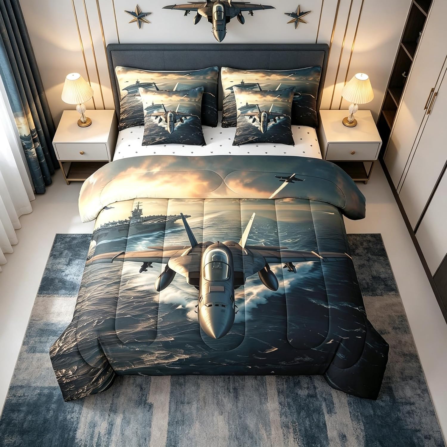7 Pieces Queen Size Fighter Aricraft Comforter Set,Warplane Warship Aviation Airplane Fashion Bedding Set for Boys Men Sea Sunset (Comforter+Fitted+Flat Sheet+2 Pillowcases+2 Throw Pillow Covers)