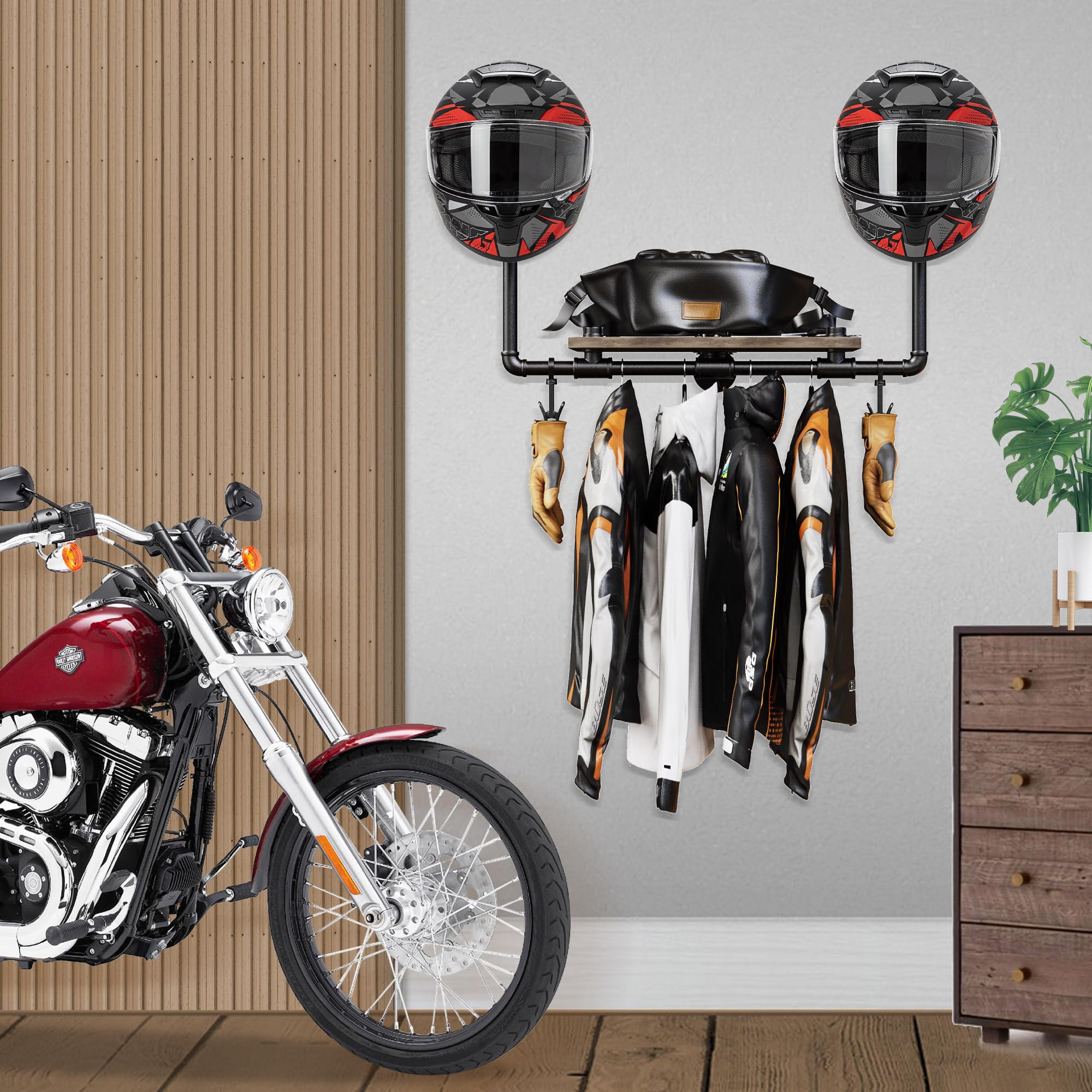 Support mural 3 en 1 pour casque de moto avec 2 clips pour gants, support de casque en bois massif et métal (marron)
