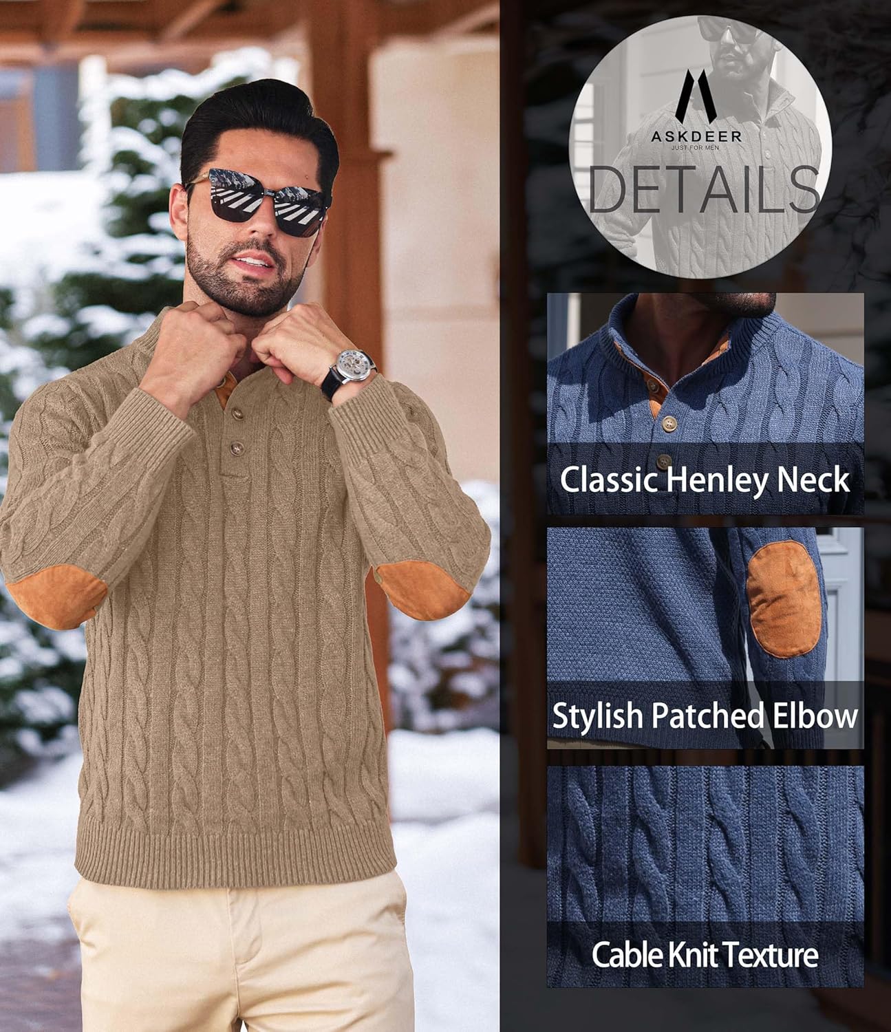 Askdeer Men's Cable Knit Pullover Sweater Stand Collar Button Classic Casual Sweaters Henley Knitted Pullover - Image 4