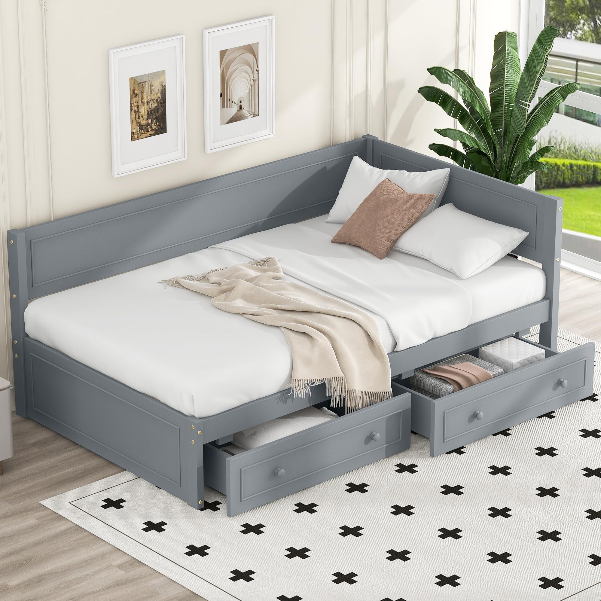 CABSETT Wood Twin Daybed Frame with 2 Storage Drawers, L-Shaped Corner Unit Sofa Bed Frame with Guardrail for Living Room Bedroom, No Box Spring Needed, Gray