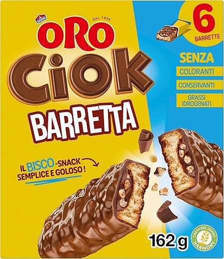 Oro Ciok Barretta, Fragrant Biscuit Covered with Milk Chocolate and Stuffed with Puffed Rice and Cocoa, Simple and Delicious Snack, Natural Source of Fibres, 162 g (6 Single Portions of 27 g)