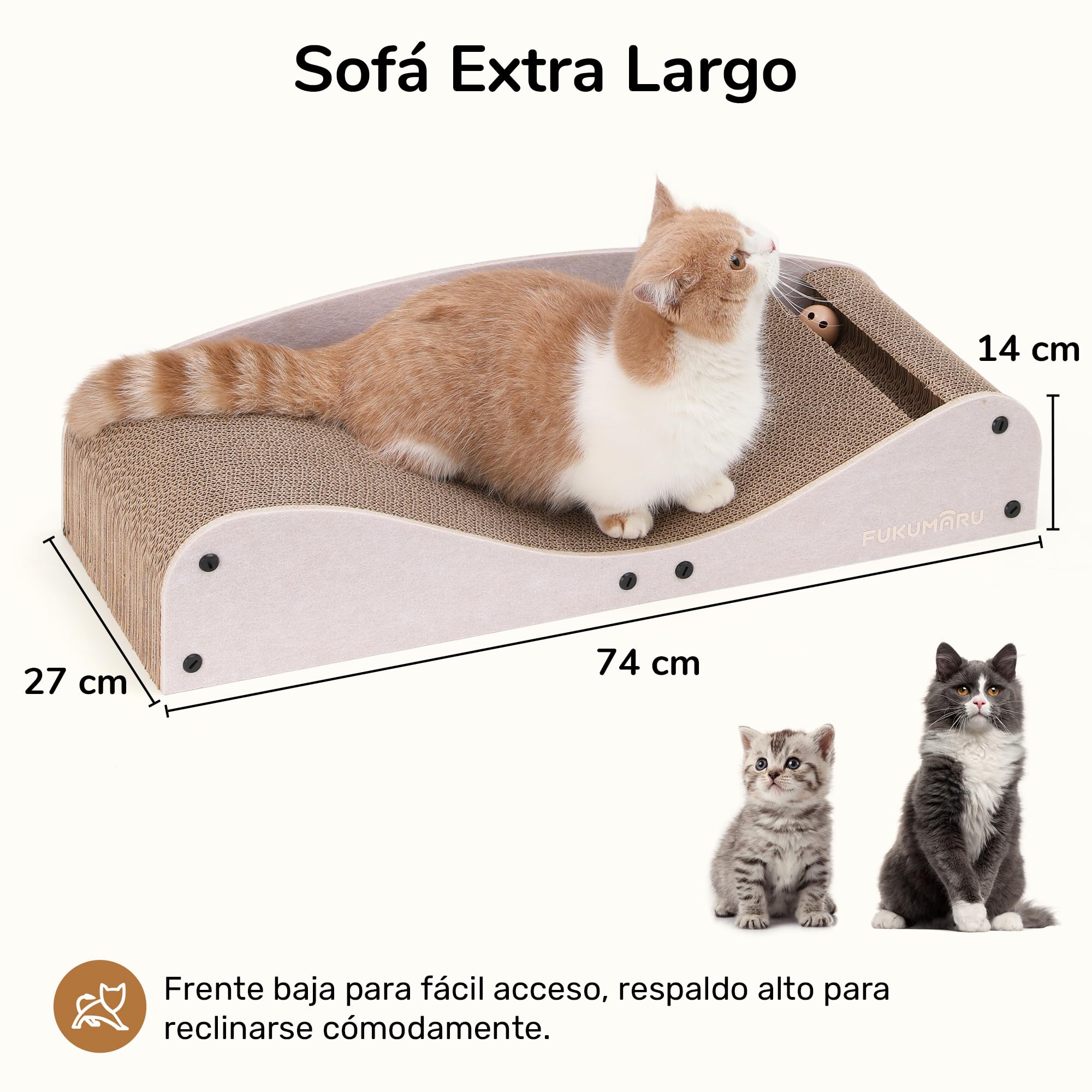 FUKUMARU Rascador para Gatos, 74 cm, cartón y Fieltro Resistentes, Gran Superficie para tumbarse, rascador reciclable de cartón Ondulado con Pelota, Camello