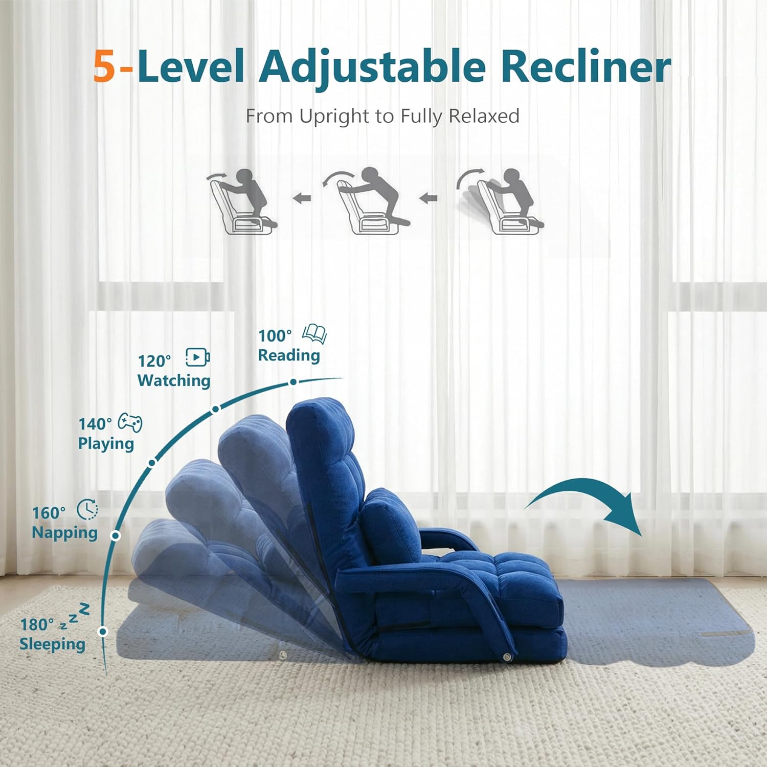 STHOUYN Comfy Floor Chair, Gaming Lounge Couch Chair Bed with 2 USB Charger & 5-Position Adjustable Back, Lazy Folding Sofa Bed, Convertible Sleeper Chair for Living Room, Bedroom, Dorm (Blue)