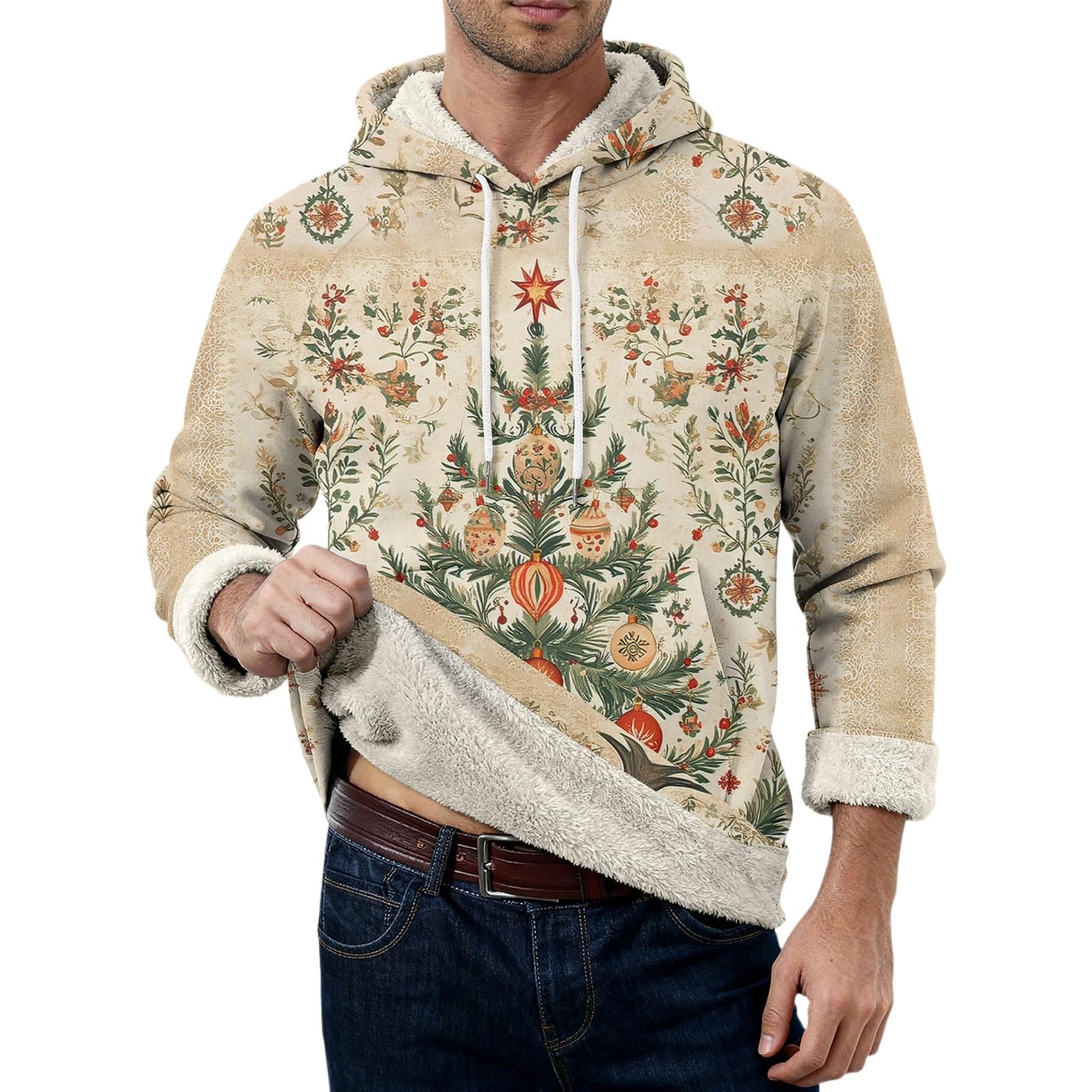 Jersey de Navidad con forro polar para hombre, divertido, brillante, para árbol de Navidad, trajes de Navidad de gran tamaño, manga larga, suéter cálido de sherpa, disfraces navideños