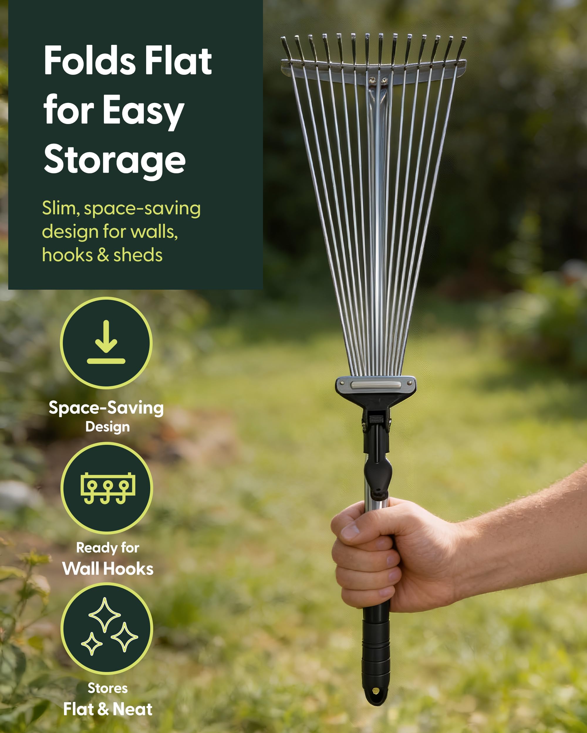 Keplin Garden Rake with Telescopic Handle – 80 to160cm Adjustable Rake, 15 Tine Expanding Metal Rake for Leaves, Lawn, Yard & Soil Cleanup, Foldable Space-Saving Design, Versatile Garden Tool — view 5