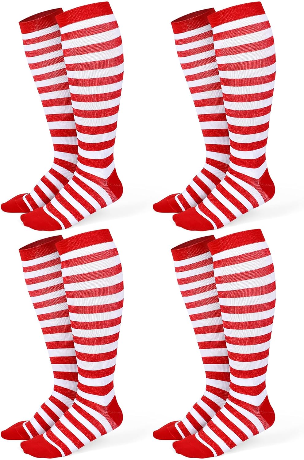 SATINIOR 4ペア 赤と白のストライプニーハイソックス チューブロングピエロソックス 太ももハイストッキング 女性用 ハロウィ