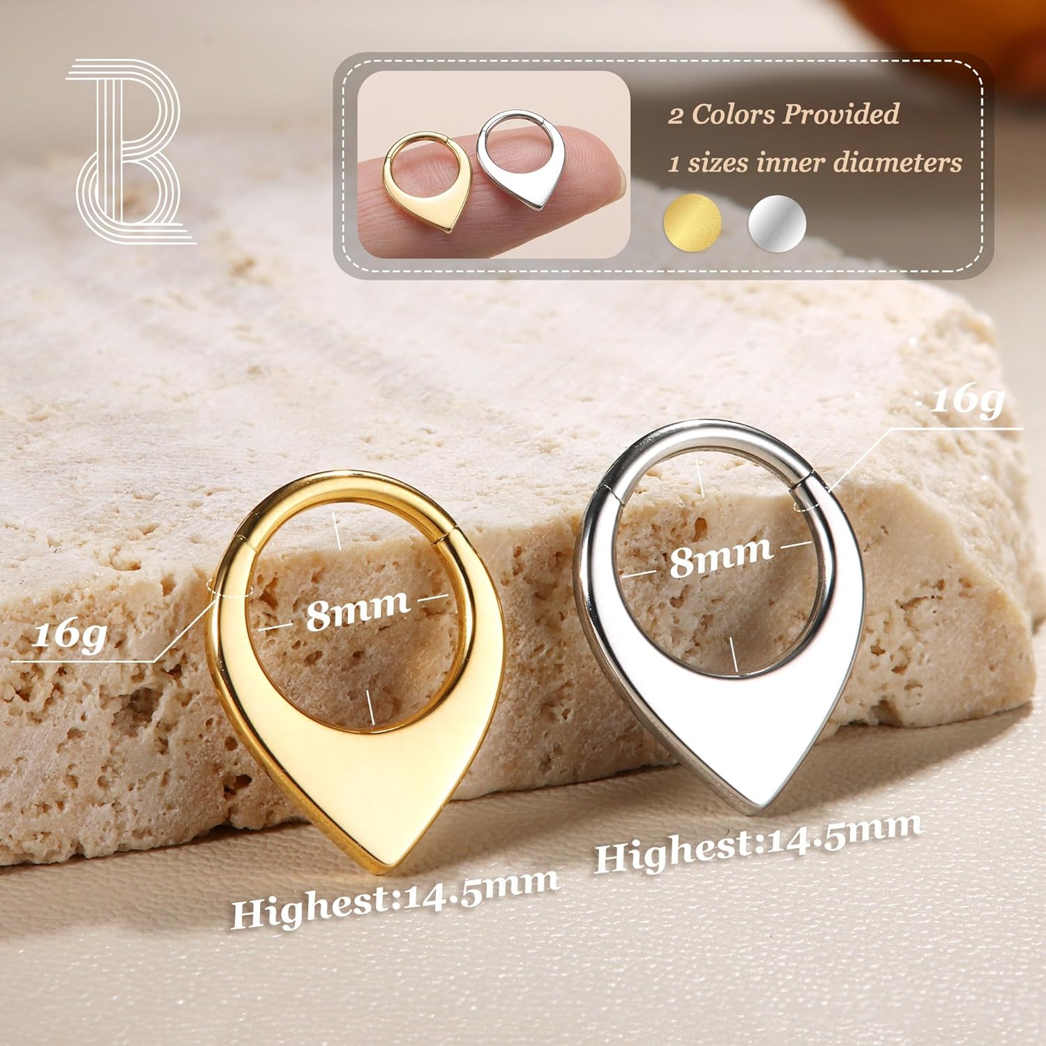 BodyBonita 16G Septum Rings Teardrop - 316L Surgical Steel Nose Rings Hoops Hinged Cartilage Earrings for Women Conch Daith Piercing Jewelry Helix Rook Lip Gold Plated/Silver/Black/RoseGold Plated - Image 3