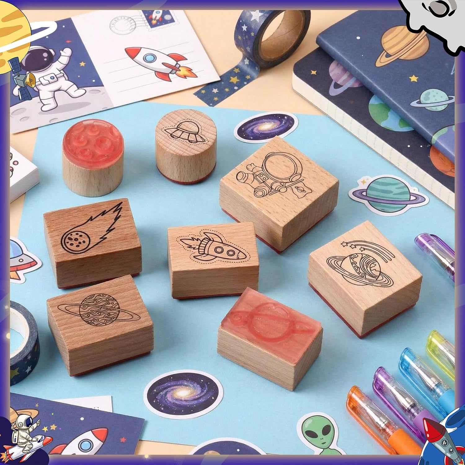 Supervitae 8 Pcs Space Stamps Set Wooden Space Rubber Stamps for Card Making Wood Galaxy Spaceship Astronaut Rocket Universe Designs for Art Crafting DIY Scrapbooking Hand Book Journaling