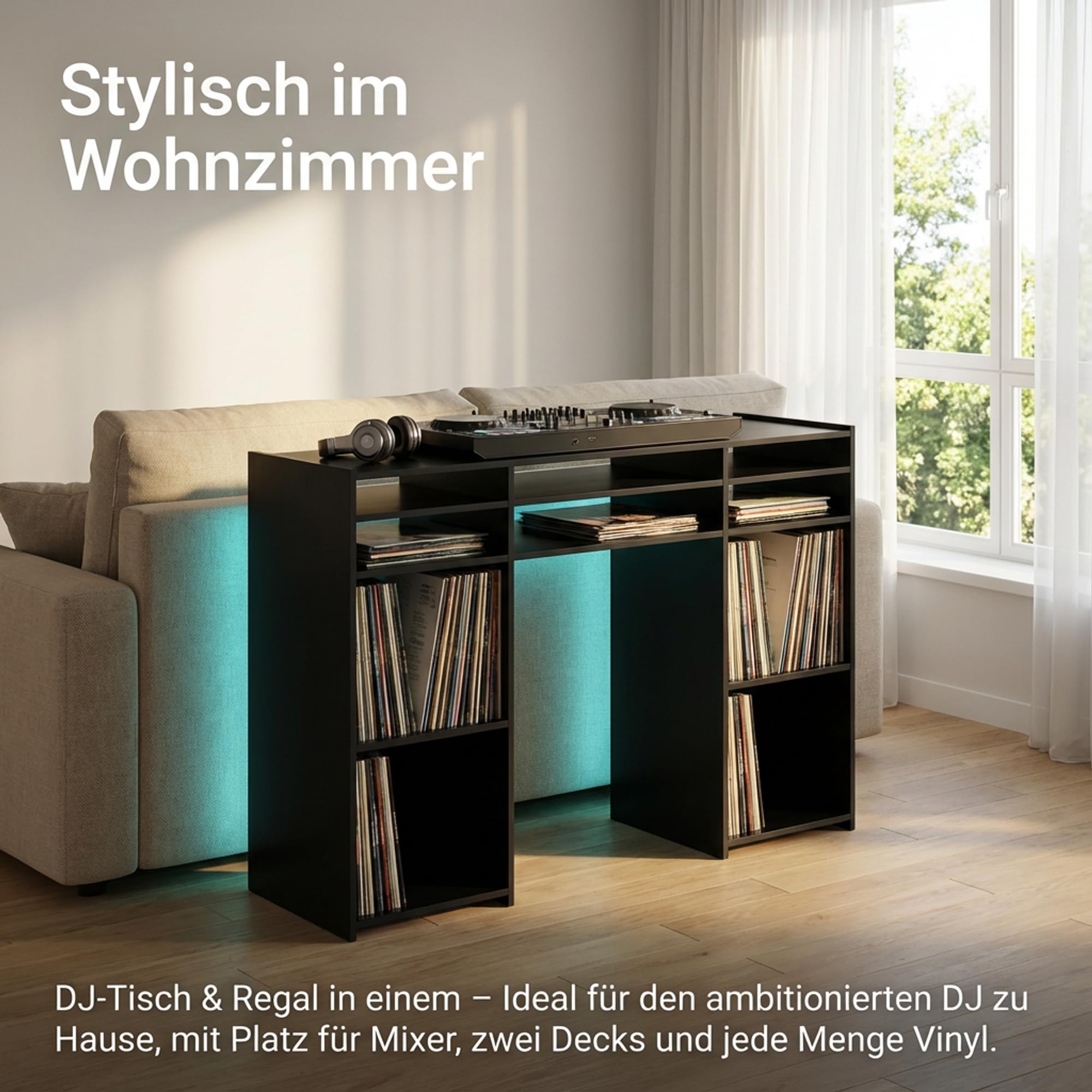Zomo Deck Stand Vegas – DJ Tisch 130 x 40 x 97 cm – Schwarz - MDF Holz – 2 Ebenen mit 19 Zoll Rack und Vinylaufbewahrung - Platz für 2 Decks und einen Mixer