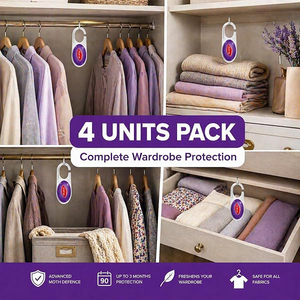 Acana Hanging Moth Killer 4 Pack β Wardrobe & Closet Protection for Clothes Storage, Long Lasting Fabric Care for Drawers & Cupboards, Helps Reduce Moth Activity, Home Storage Protection Solution - 3