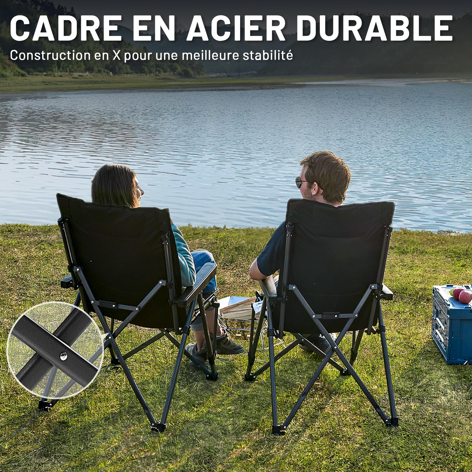 TIMBER RIDGE Chaise de Camping Pliante Réglable 4 Positions Charge 260kg | Fauteuil pliable dossier réglable 4 positions, avec accoudoirs confortables, charge max. 260kg pour camping, jardin et pêche