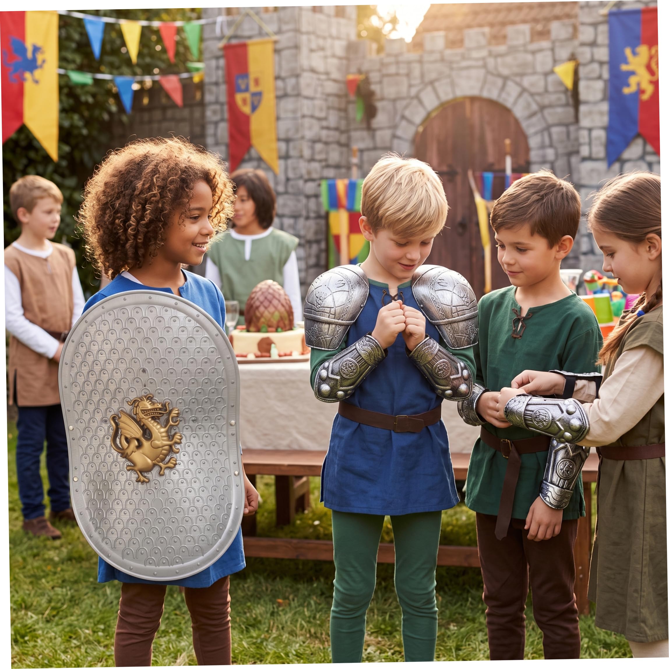 Set armatura medievale per bambini, costume da cavaliere con drago guerriero vichingo per bambini, con protezioni per spalle e polsi, argento, taglia bambino