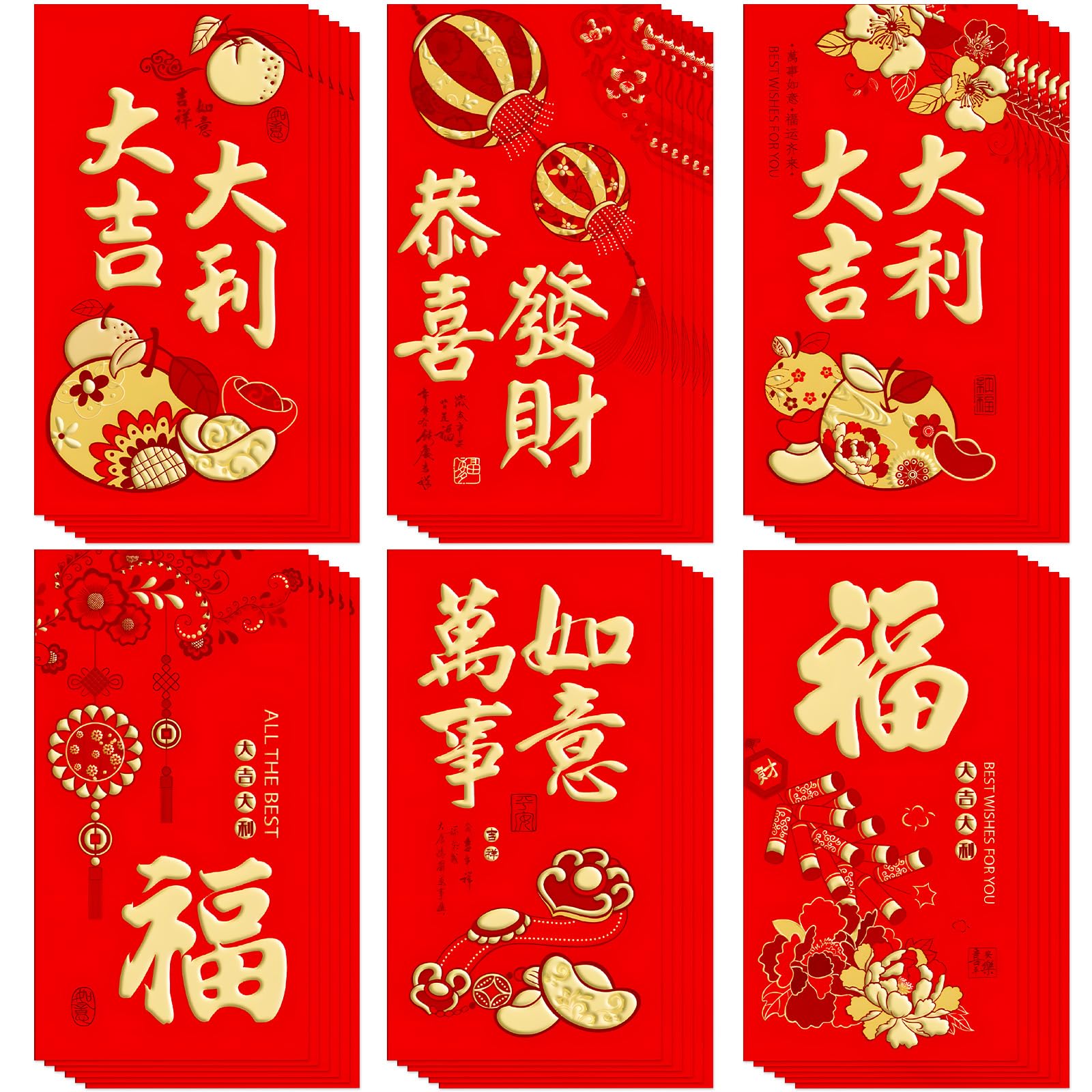 36 Pcs 6 Designs Chinese New Year Red Envelopes 2026, 9 x 17 cm Hong Bao Lucky Money Cash Envelopes Red Packets Lai See for Spring Festival, Lunar New Year, Weddings, Birthdays, etc
