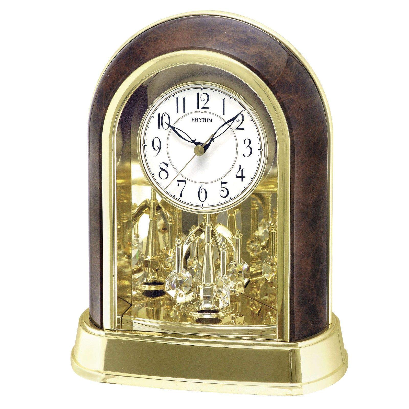 DIW Rhythm Gold & Wood Effect Mantel Clock w Crystal Pendulum