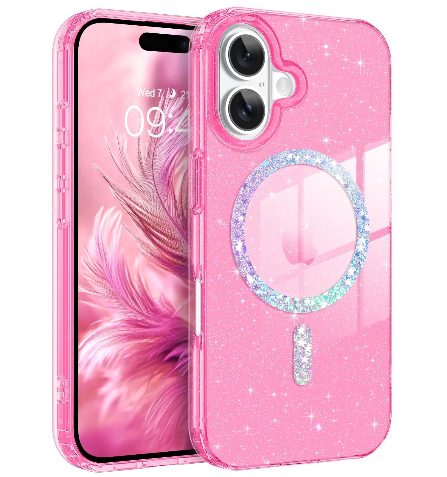 Photo 1 of BENTOBEN Magnetic for iPhone 17 Case, Clear Crystal Glitter Bling iPhone17 Phone Case [Compatible with MagSafe], Shockproof Sparkly Cute Women Girl Cover for iPhone 17 6.3", Hot Pink Glitter