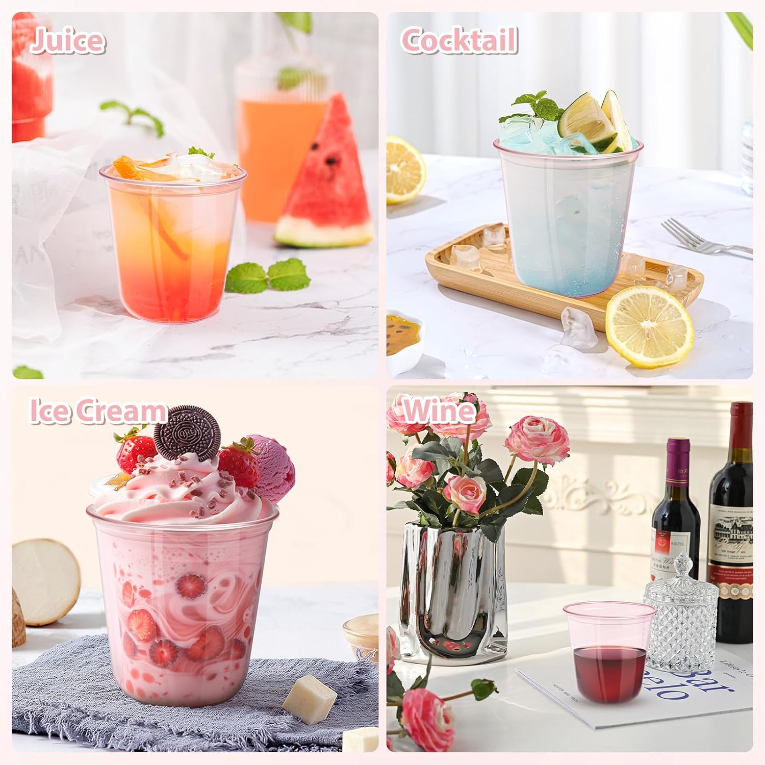 50 PCS Pink Plastic Cups - 12oz Disposable Stemless Wine Glasses, Clear Pink Cocktail Party Cups for Valentine's Day, Baby Shower, Wedding, Birthday Party - Image 6