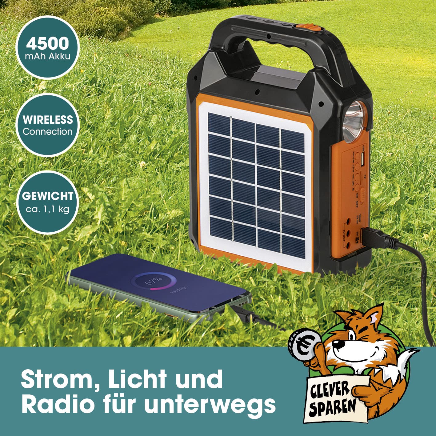 EASYmaxx Solar-Generator Kit 4500mAh | 2 Auflademodi: Solarpanel oder USB | Zum Aufladen von Handy, Powerbank, u.v.m. | Integriertes FM-Radio und Lautsprecher inkl. [Schwarz/Orange]