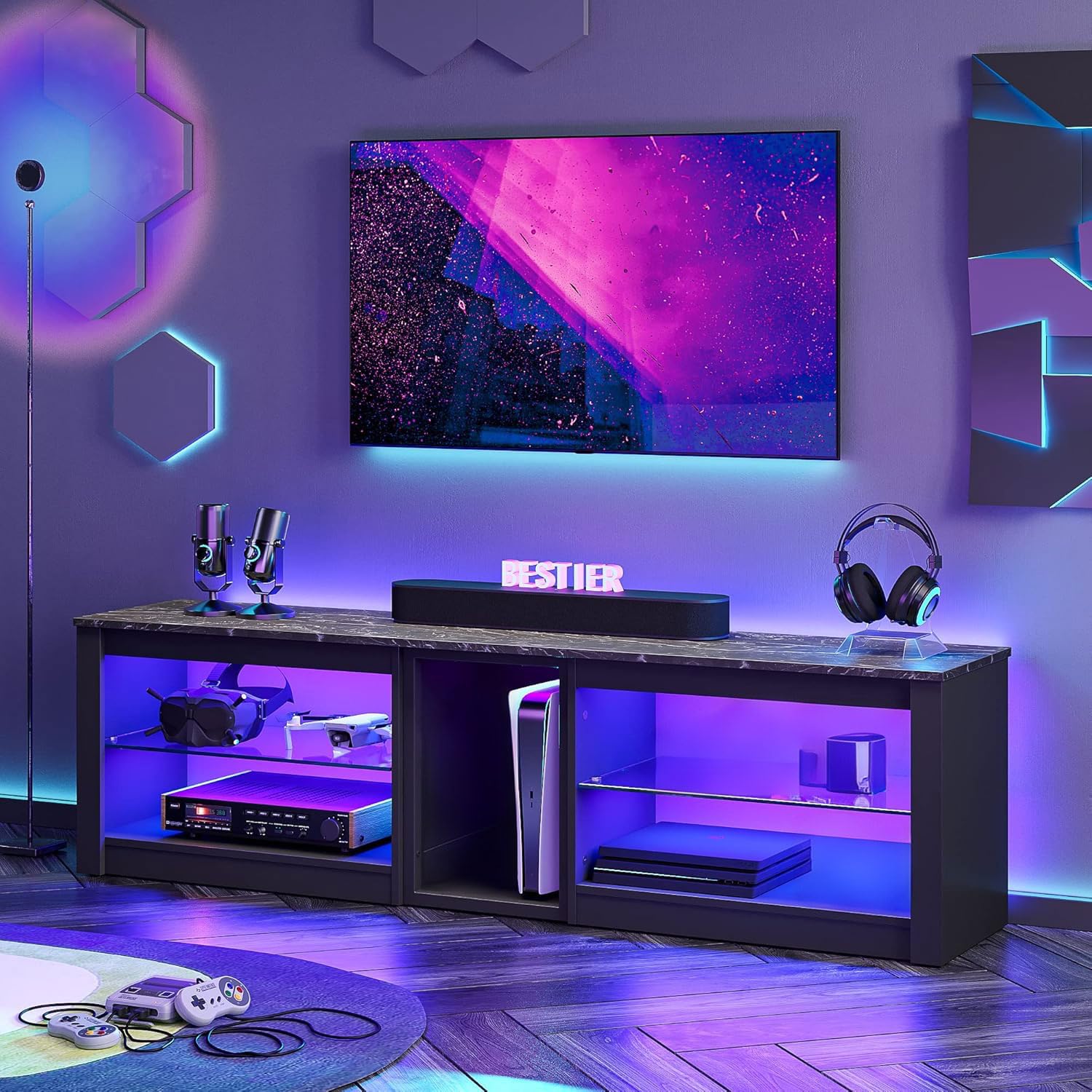 Bestier TV-Schrank, Lowboard für 65 Zoll & kleinere TVs, 160 x 35 x 52 cm, Fernsehschrank mit RGB-LED-Leuchten, Fernsehtisch mit integriertes Kabelmanagement, verstellbare Glasschale
