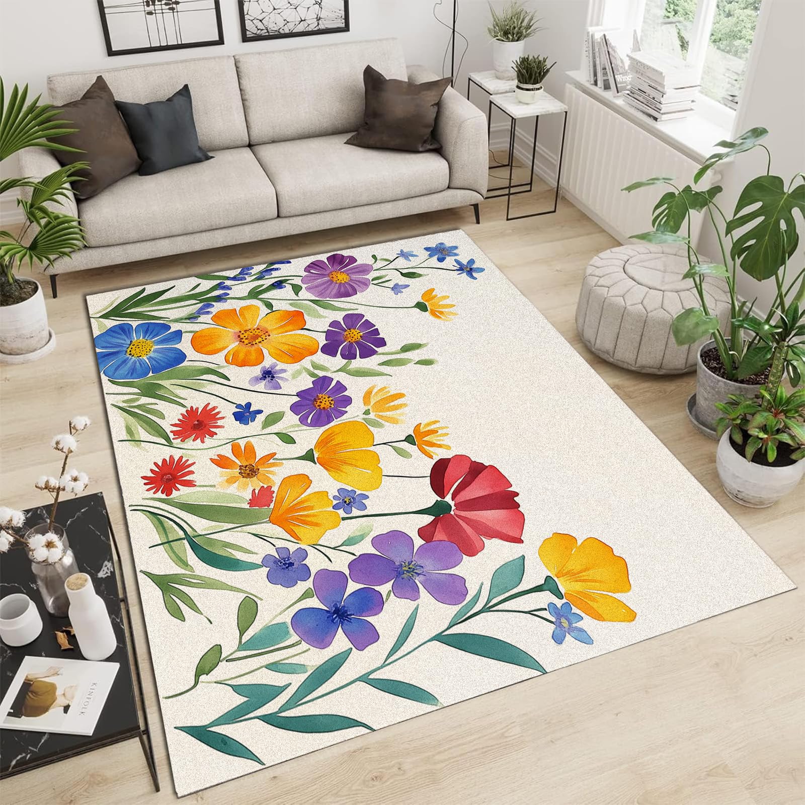 Tapis de salon lavable grand format motif feuilles vertes aquarelle