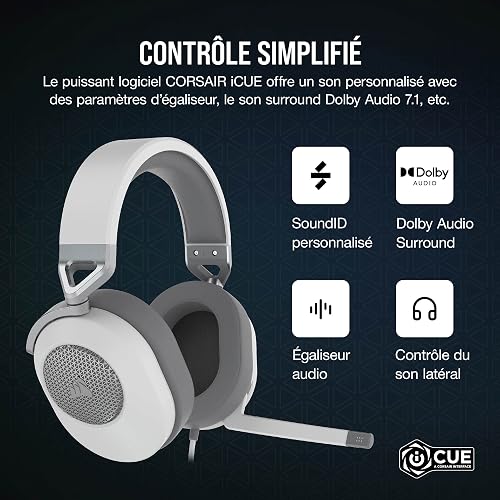 Corsair HS65 Surround Casque de Jeu Filaire Multiplateforme - Son Surround Dolby 7.1 - SonarWorks SoundID - Compatible iCUE - PC, Mac, PS5, PS4, Xbox, Nintendo Switch, Mobile - Blanc - 7
