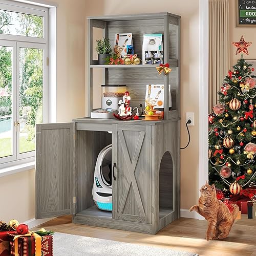 DWVO Large Hidden Litter Box Furniture with Shelves and Charging Station, Wooden Enclosure for Self-Cleaning Litter Boxes, Grey