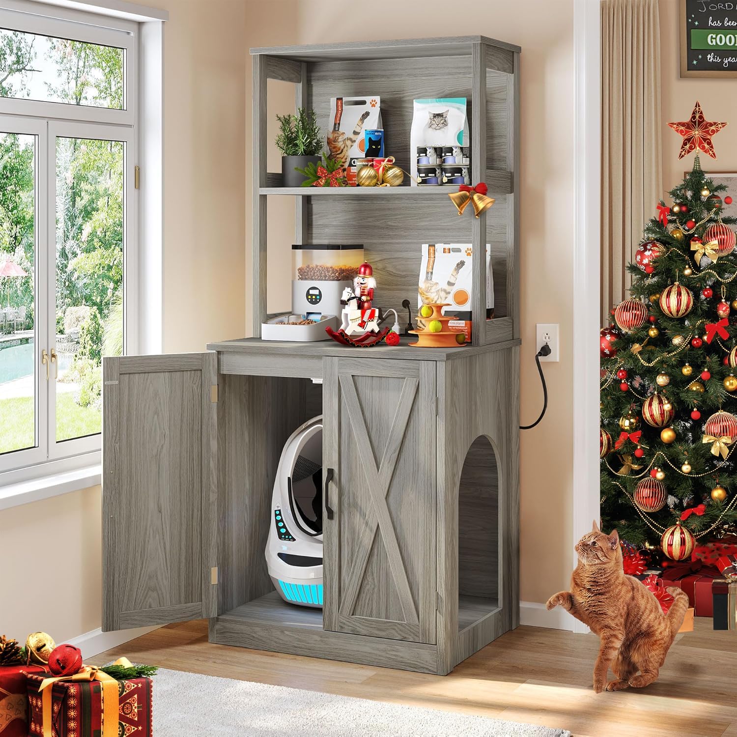 DWVO Large Hidden Litter Box Furniture with Shelves and Charging Station, Wooden Enclosure for Self-Cleaning Litter Boxes, Grey