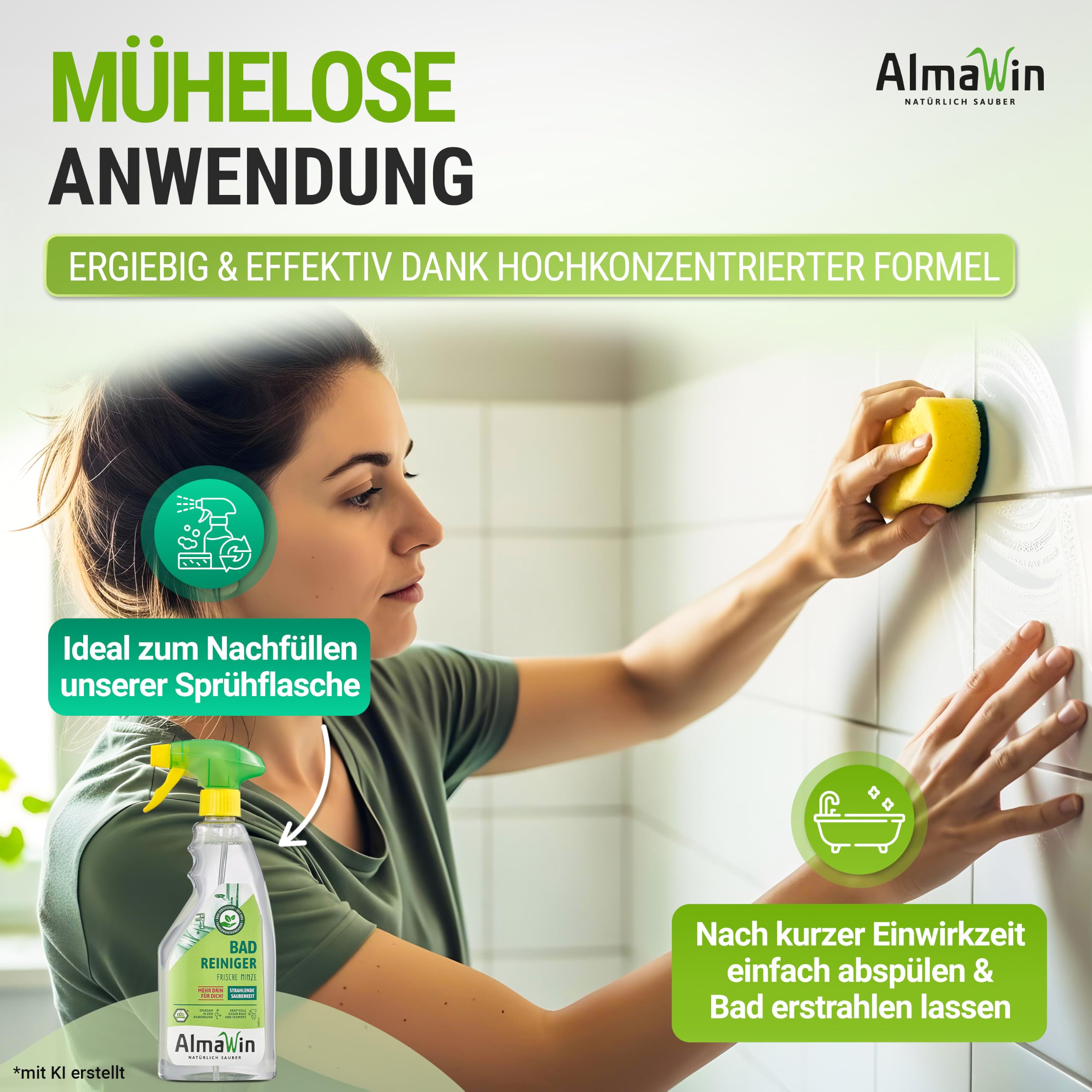 AlmaWin® Bad Reiniger [20L] für strahlende Sauberkeit - Badreiniger Spray mit Pfefferminz-Duft - Badezimmer Reiniger - Effektiv gegen Kalk & Schmutz - Badreiniger Extra Stark, Bio & Vegan