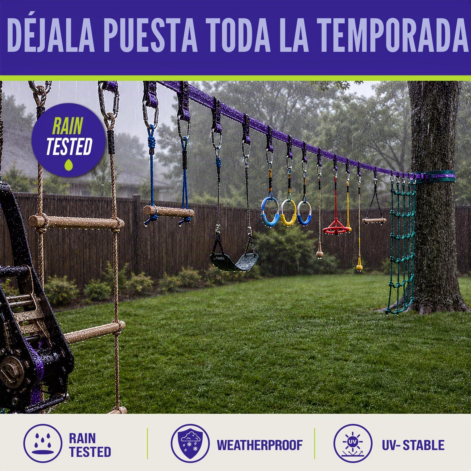 Trailblaze Slackline Ninja Warrior Obstacle Course para niños, 15 m Ninja Slack Line Anillos de gimnasio, barras de mono, protectores de árboles, diversión perfecta al aire libre para niños