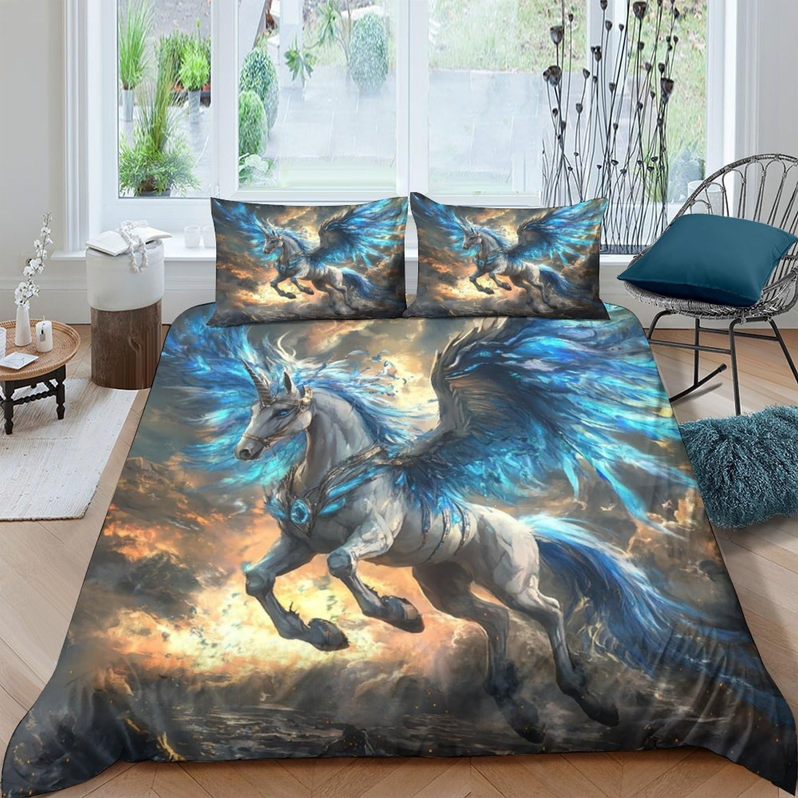 Ctjqhvkz Style-8 3D Printed Blue Pegasus Fitted Sheet Microfiber Soft Breathable Fantasy Sky Mattress Cover For Bedroom Decor Single（135X200cm）