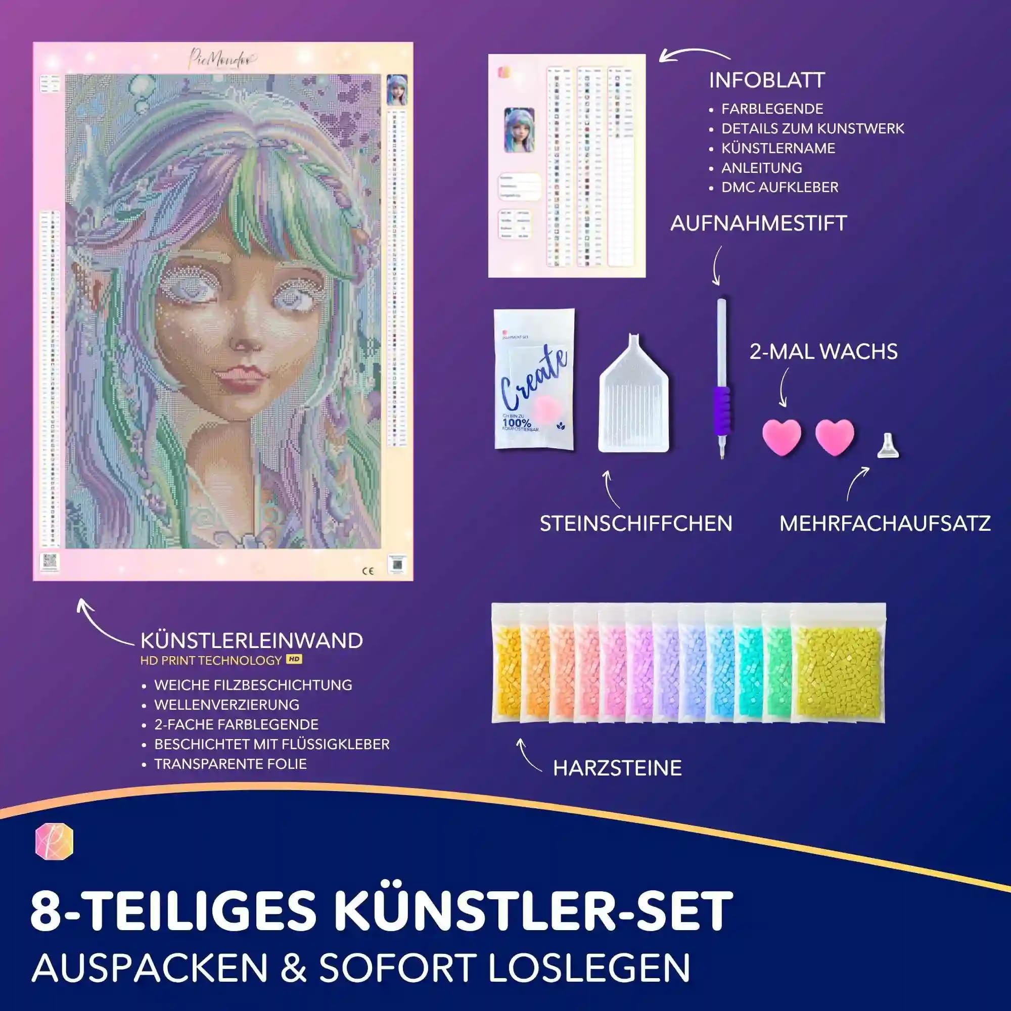 Picmondoo Peinture diamant - 40 x 60 cm - Avec pierres carrées en résine AB, strass et couleurs métalliques - Œuvre d'art pour adultes et enfants (princesse fée Elara by Sonja S)