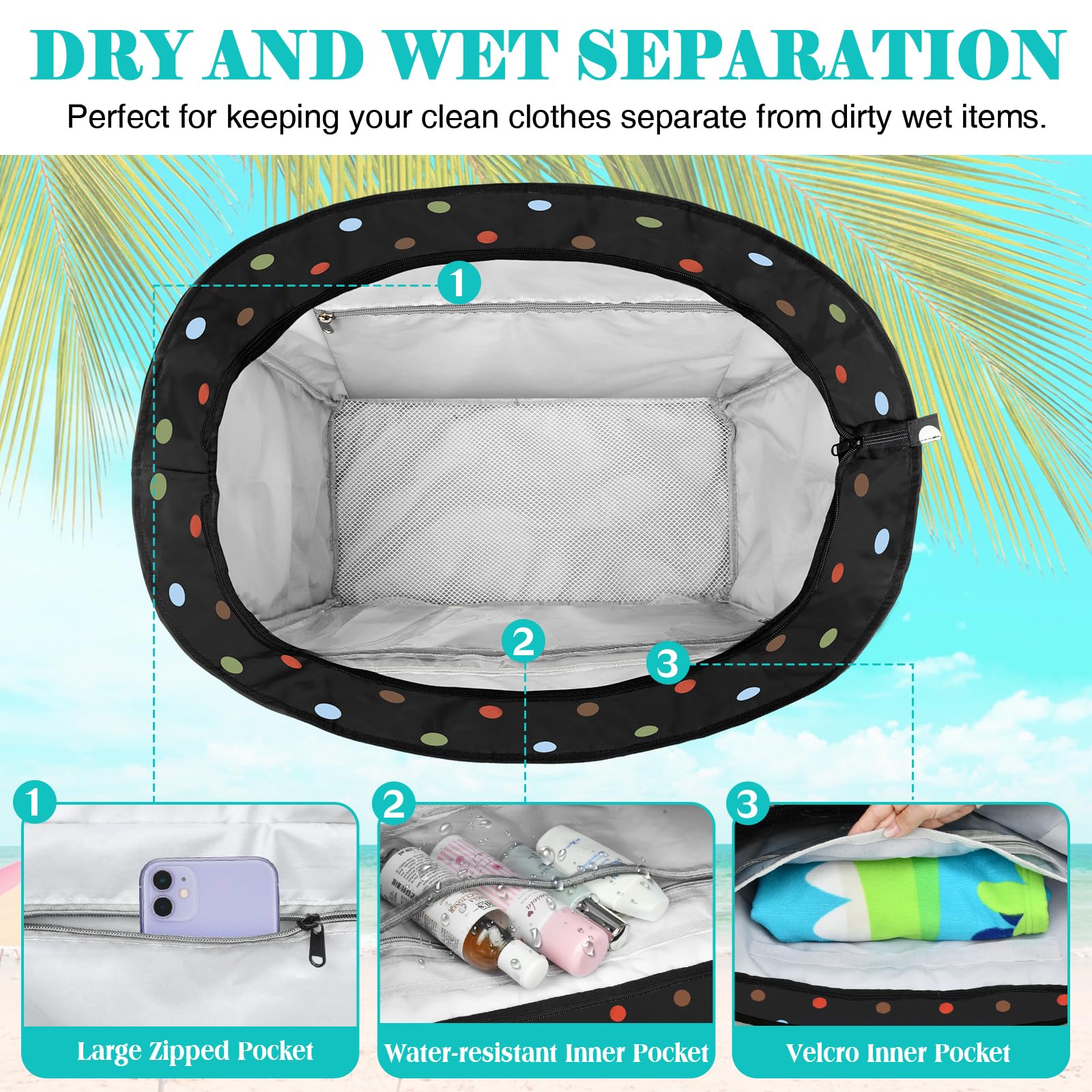 LUROON Bolsa Playa Grande XXL Familiar con Cremallera Impermeable Bolso de Playa Mujer Plegable Shopper Bolso Playa Mujer para Viaje Compras 50 * 35 * 20cm