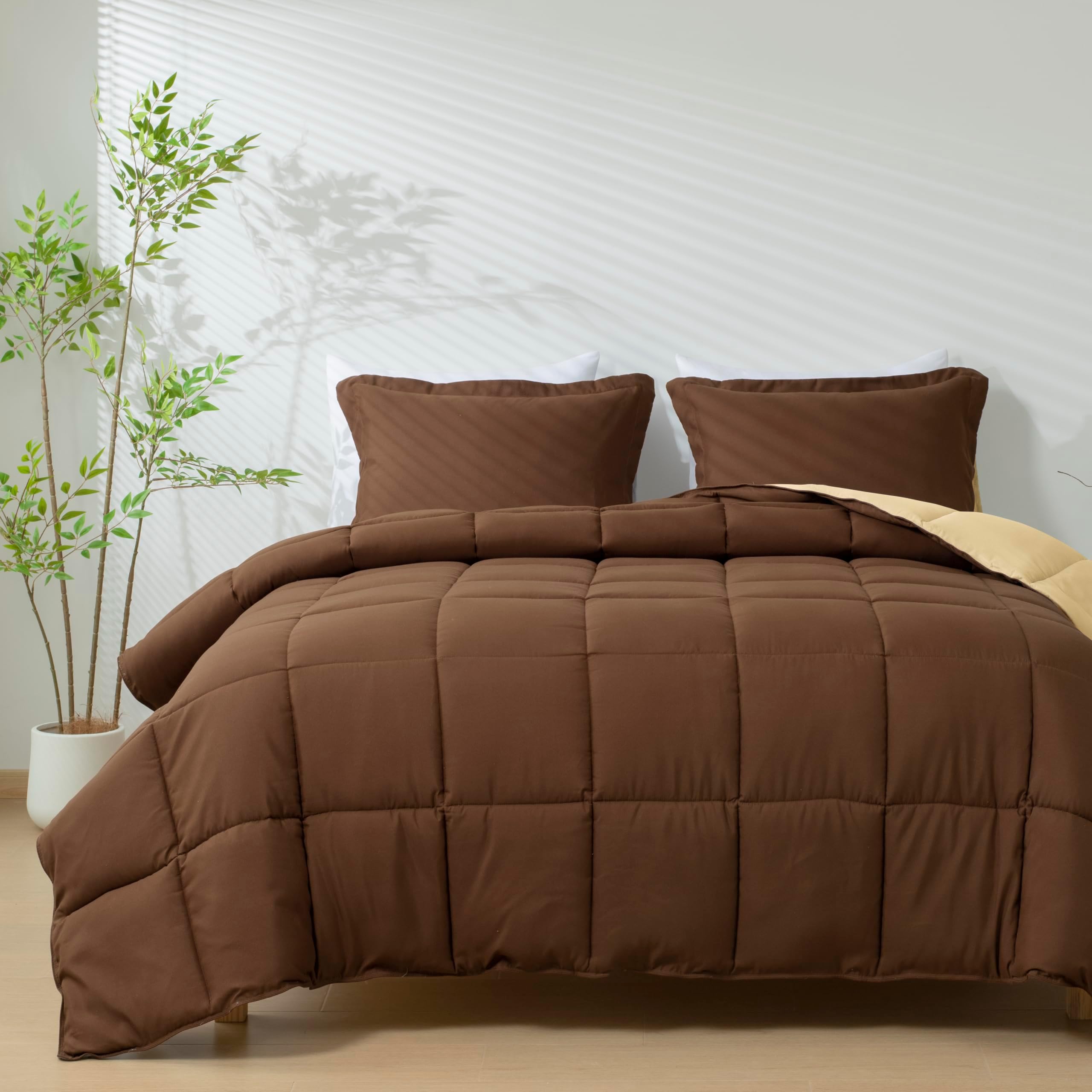 3pc Down Alternative Comforter Set - All Season Reversible Comforter with Sham - Quilted Duvet Insert with Corner Tabs - Box Stitched - Super Soft, Fluffy (Twin/Twin XL, Chocolate)