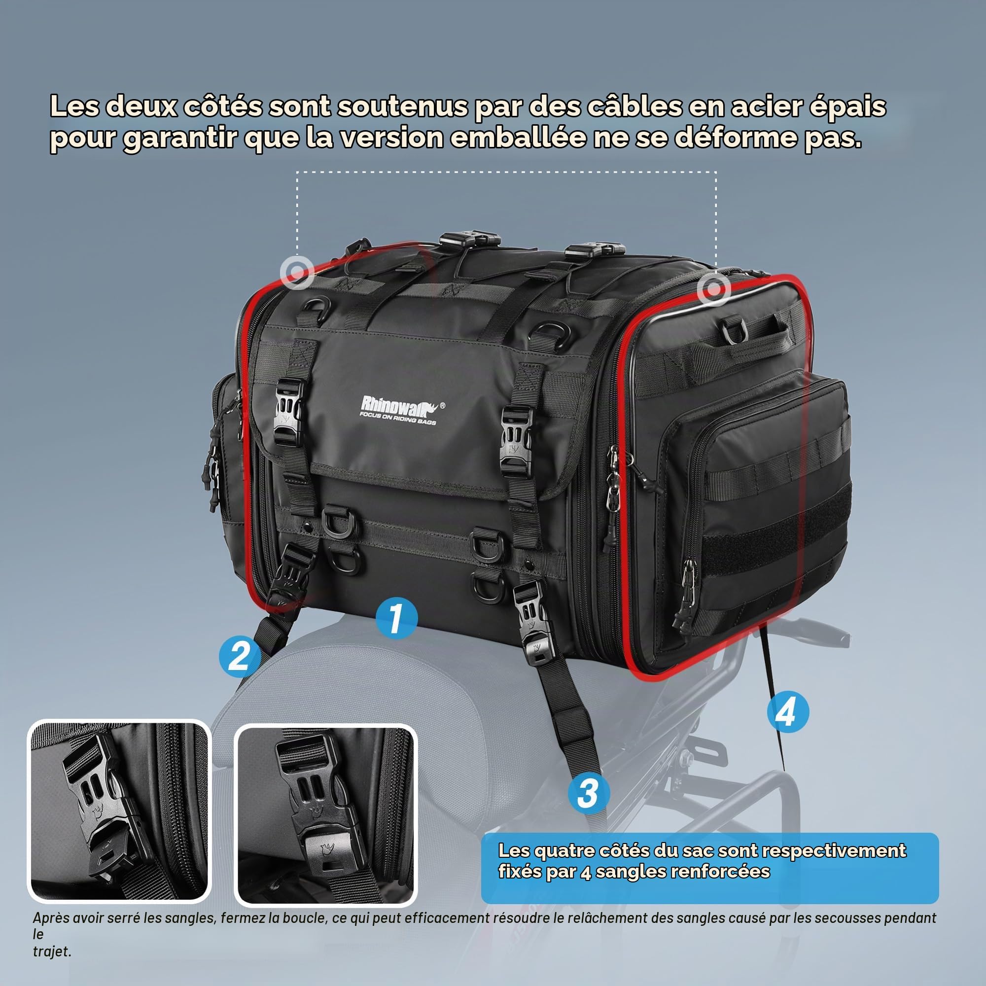 Rhinowalk Sacoche arrière de moto, grande sacoche de selle étanche extensible pour les randonnées à moto, sac de voyage Powersports résistant, noir (40 L ~ 60 l)