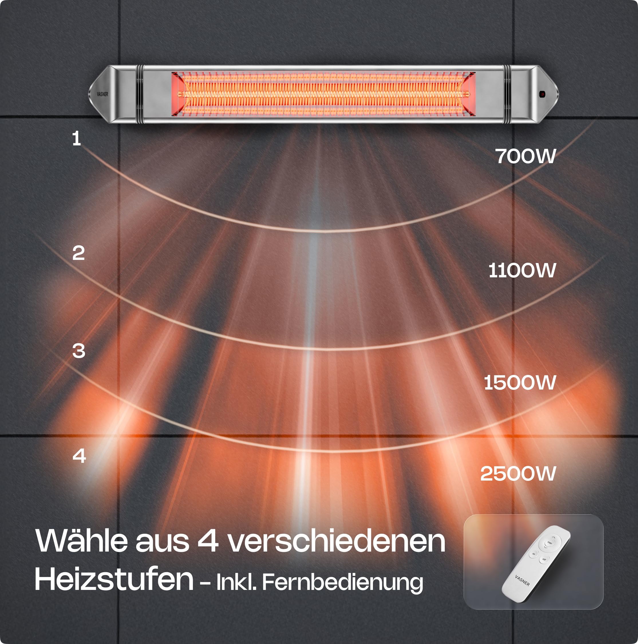 VASNER Teras 25 Infrarot Heizstrahler Terrasse - Terrassenstrahler 2500 W elektrisch - 4 Heizstufen Terassenheizer - Infrarotstrahler Terassenheizstrahler außen outdoor - Mit Fernbedienung (silber)