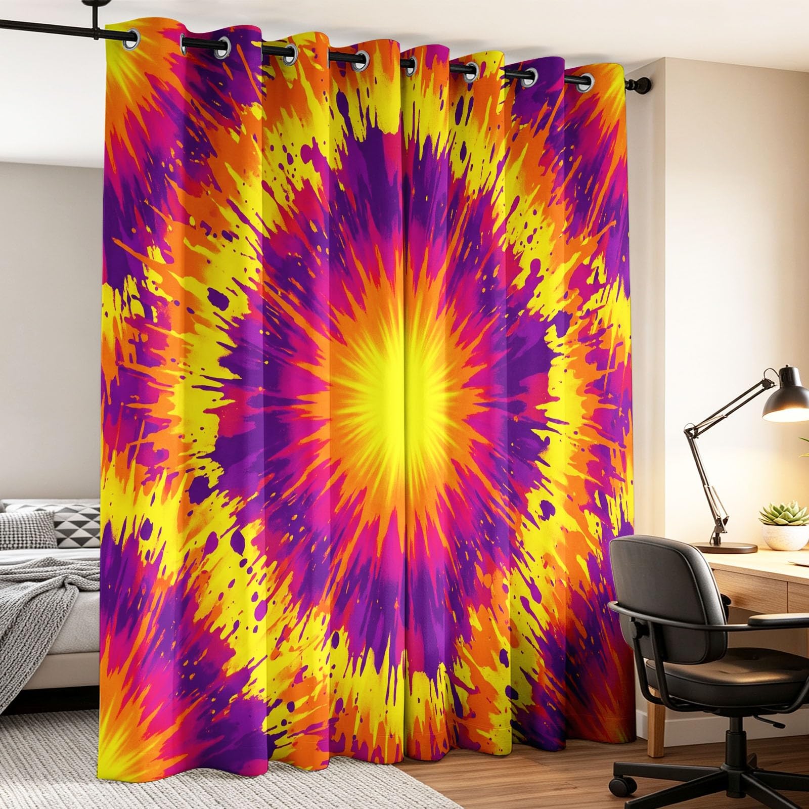 Zasłony zaciemniające z nadrukiem, psychodeliczne, 117 x 140 cm (2 panele) z abstrakcyjnym wzorem tie-dye, te zasłony zaciemniające zapewniają prywatność w sypialni