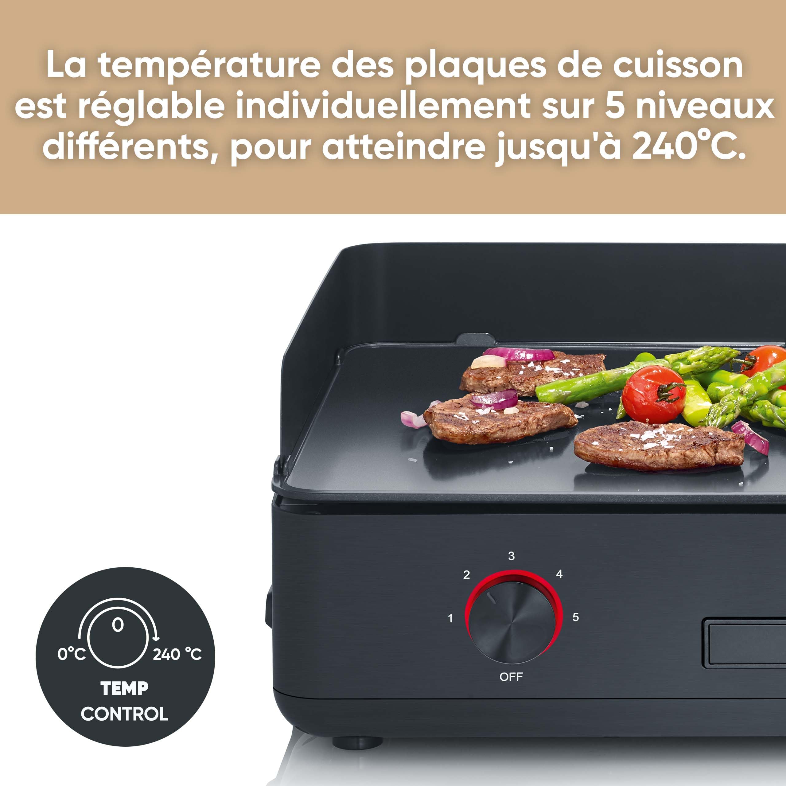 SEVERIN Plancha réglable jusqu'à 240°C, 2 200 W, Plaque de cuisson au revêtement céramique pour viandes, poissons & légumes, Gril électrique avec bac récupérateur de graisse amovible, Noir, PG 8569