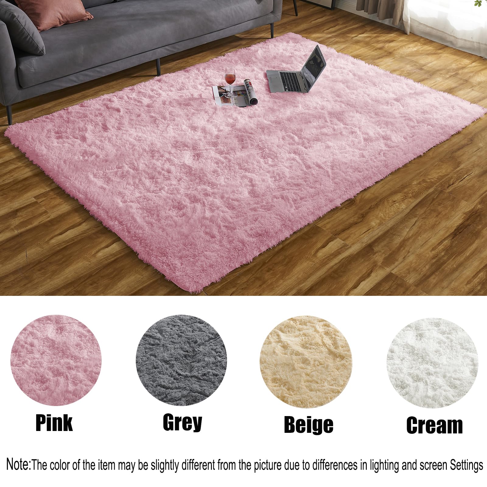 Ceneco Pink Rug,Small Rugs for Bedroom,Fluffy Rugs Living Room,Washable Non-Slip Square Carpet,Shaggy Thick Bedside Carpet for Girls Bedroom(Pink - Image 2