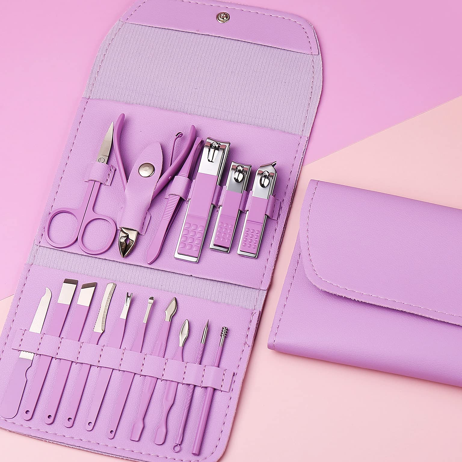 16-Piece Nail Cutter Kit for Women and Men - Pedicure and Manicure Set with Nail Clipper, and Nail Filer - Ideal for Adults and Babies (purpel)-image-9