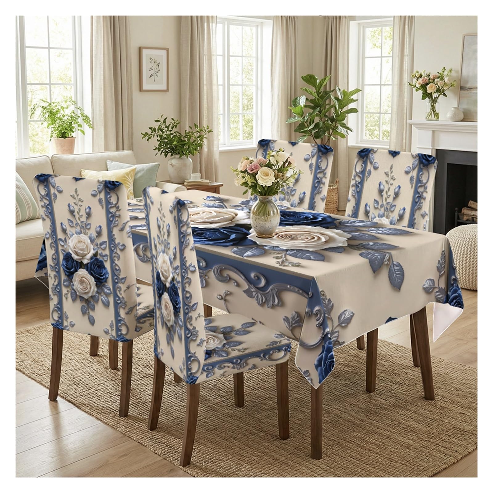 KXUAUV Baroque Blue & White Rose Floral Tablecloth And Chair Covers Set, Stretch Slipcovers For Elegant Dining Room Banquet Wedding Decor, 5/7 Pack Party Decor(5pcs Set: Tablecloth+Chair Covers)
