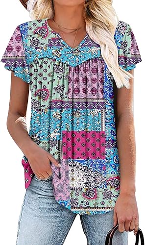 KISSMODA Tops for Womens Summer Cute Short Sleeve Shirts Trendy Notched Neck Blouses Casual Loose Pleated Tunics S-3Xl