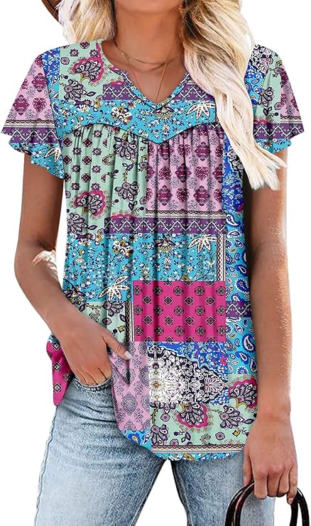 KISSMODA Tops for Womens Summer Cute Short Sleeve Shirts Trendy Notched Neck Blouses Casual Loose Pleated Tunics S-3Xl