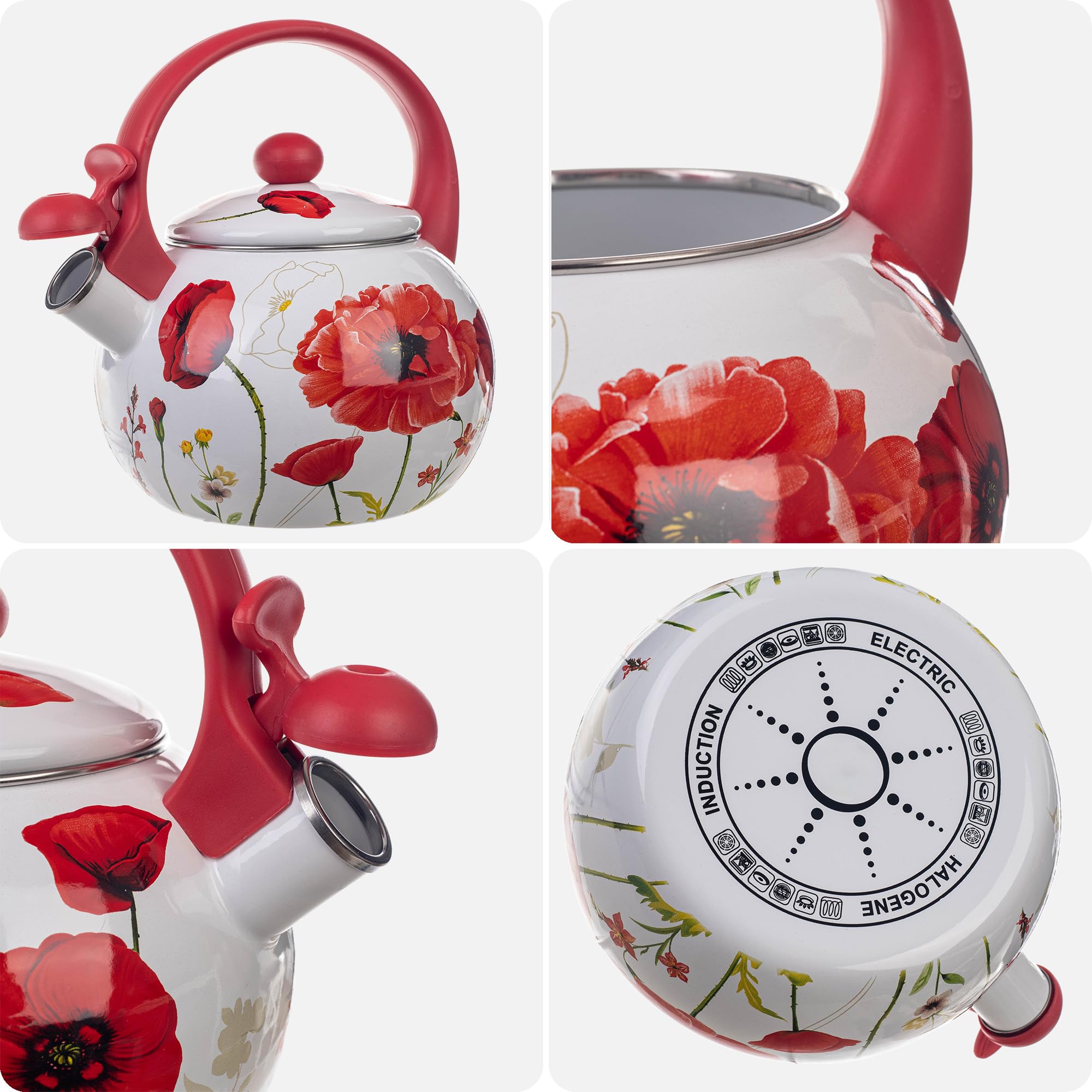 KADAX Bouilloire Sifflante en Acier 2.2L, Théière Émaillée pour Cuisinières à Induction et à Gaz, Dotée d'une Poignée Ergonomique et d'un Sifflet Intégré (Fleurs rouges)