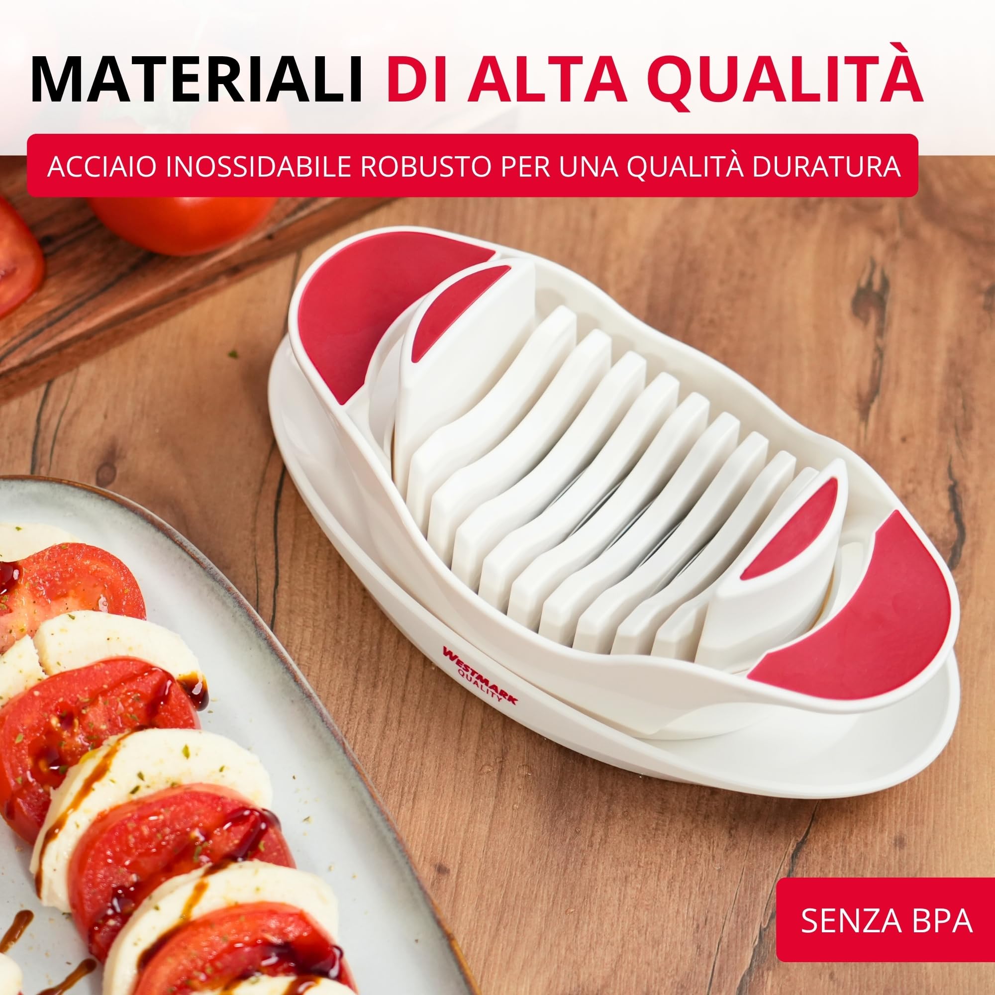 Westmark Affetta-pomodori e mozzarella con piattino e lame seghettate, Acciaio inox/Plastica, Bianco/Rosso, 11572260